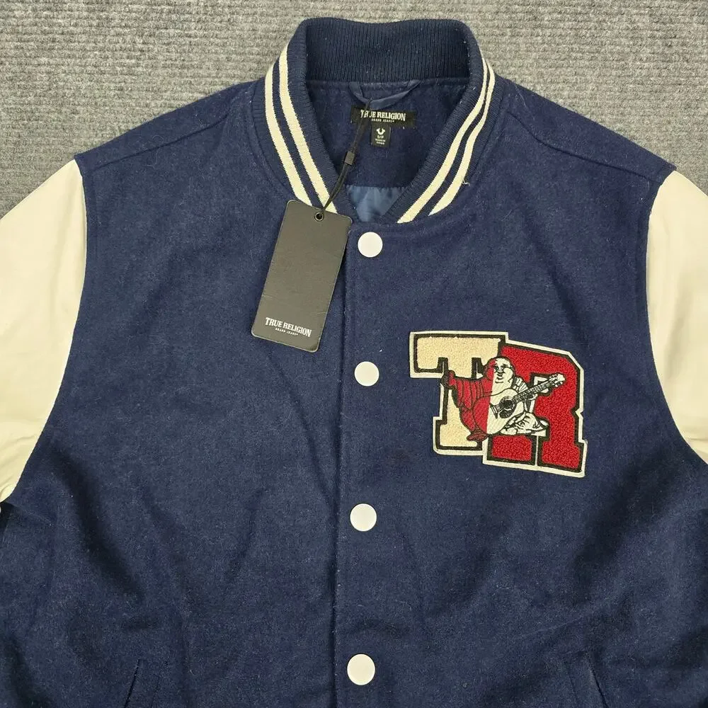 True Religion Varsity Jacket Mens S Navy White HS Patch Chenille NWT Flaw